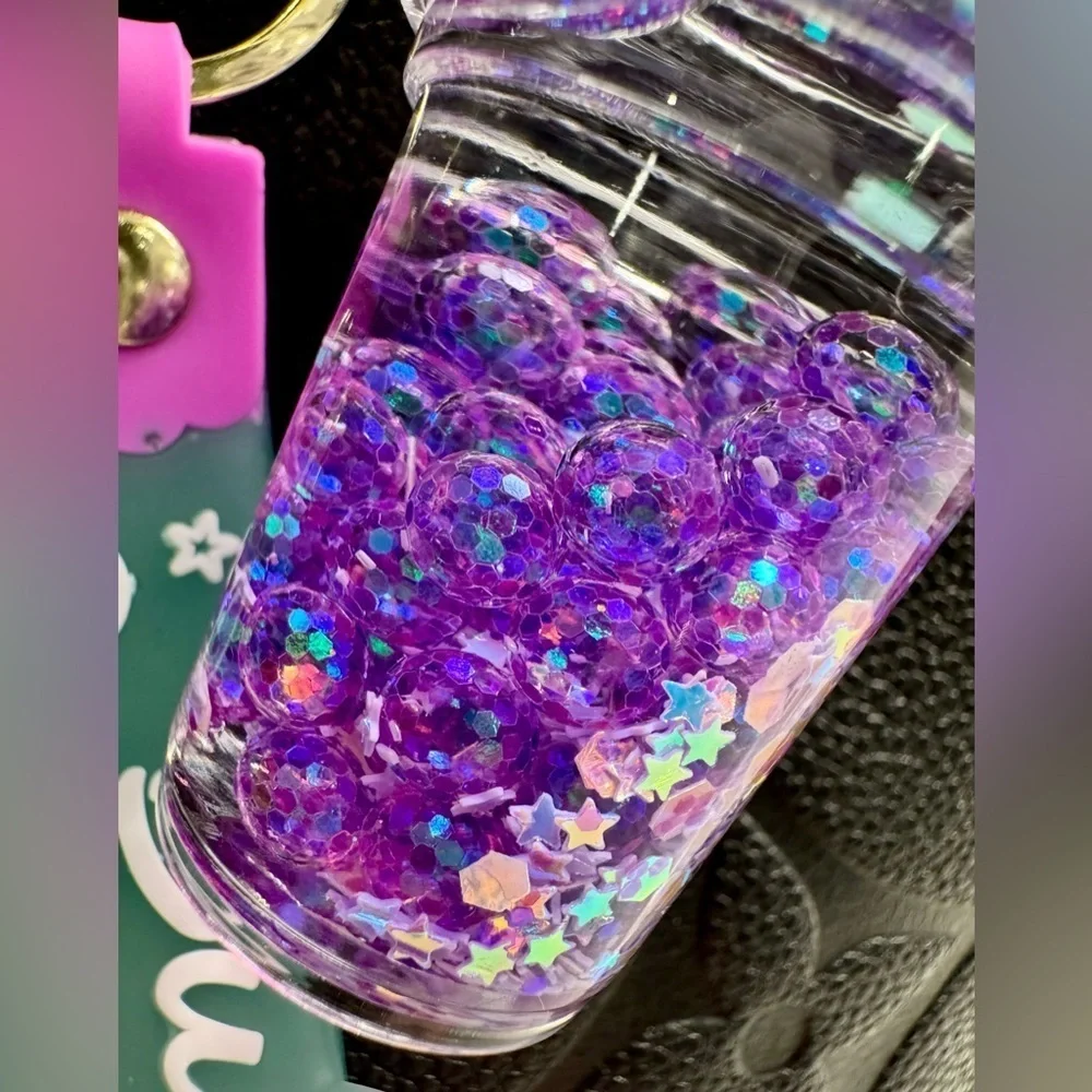 New Purple Glitter & Liquid Mini Drink Cup Purse Bag Charm Keychain - 6.5”